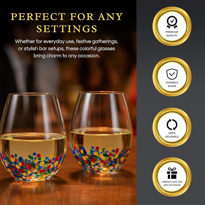 Large Stemless Wine Glasses – Set of 2-14oz Luxury Hand Blown Confetti Margaritas, Martini, Cocktails, Water, Wine, Dessert & Champagne Glasses Cinco de Mayo, Hand Blown - Mexican Confetti Glass - Image 4