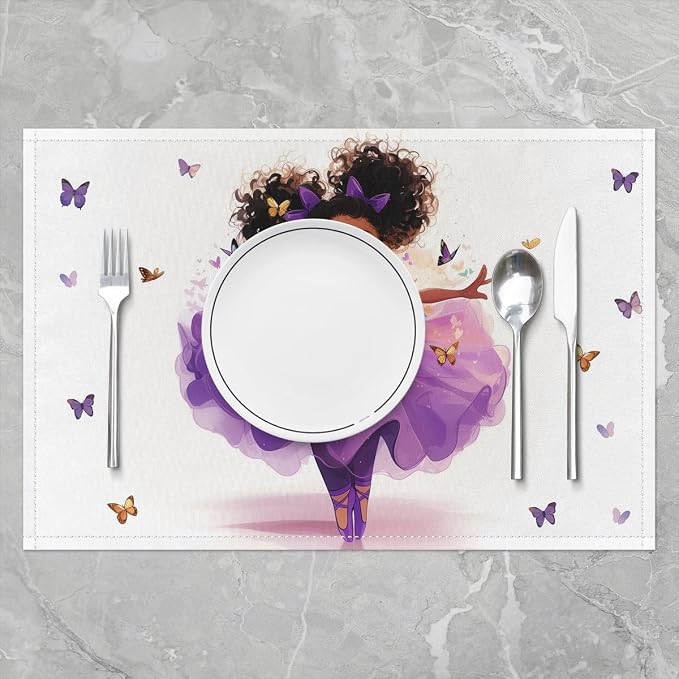 Feelyou Love Gymnastics Placemats Set of 4 Dancer Placemats for Dining Table Indoor Outdoor Kitchen 12"x18" Ballet Table Mats Placemat White Purple Decor Table Place Mats Black Girl - Image 2
