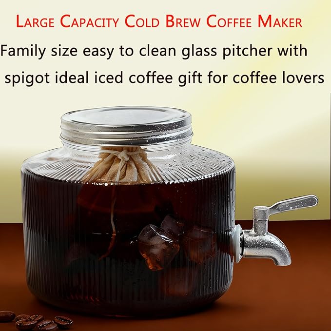 Large 2.5L Glass Beverage Dispenser Cold Brew coffee Iced Tea Lemonade Maker and Laundry Detergent Dispenser Leak-Proof Mason Jar Design with Stainless Steel Spigot and Reusable Filter Bag