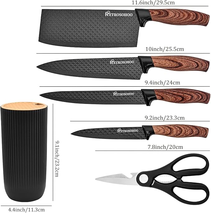 Kitchen Knife Set, Retrosohoo 6-Pieces Khaki Sharp Knife Block Set for Kitchen, Non-stick Non-slip Stainless Steel Chef Knife Set with Universal Knife Block Suitable for Home Restaurant (Black) - Image 7