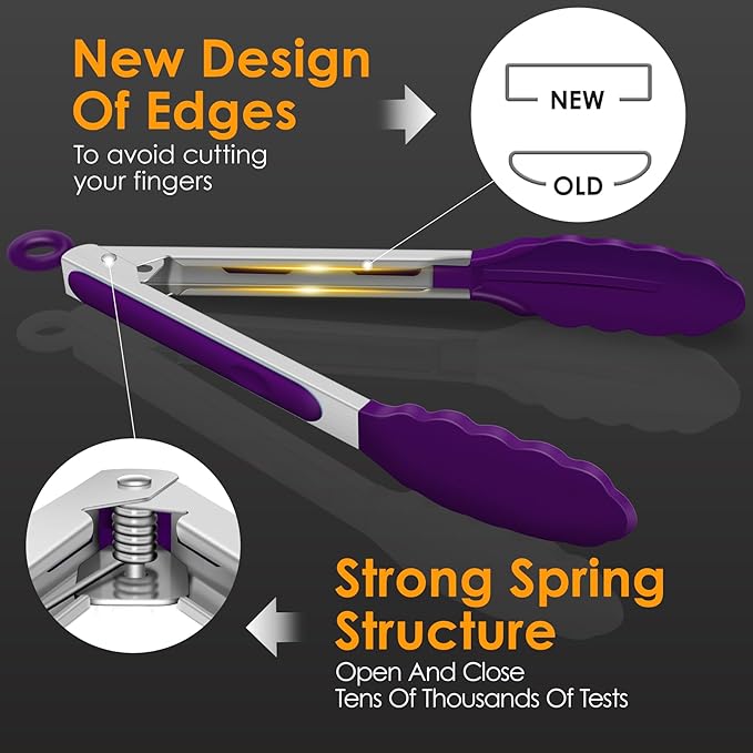 HOTEC Premium Stainless Steel Locking Kitchen Tongs with Silicon Tips, Set of 2-9" and 12" (Purple) - Image 5