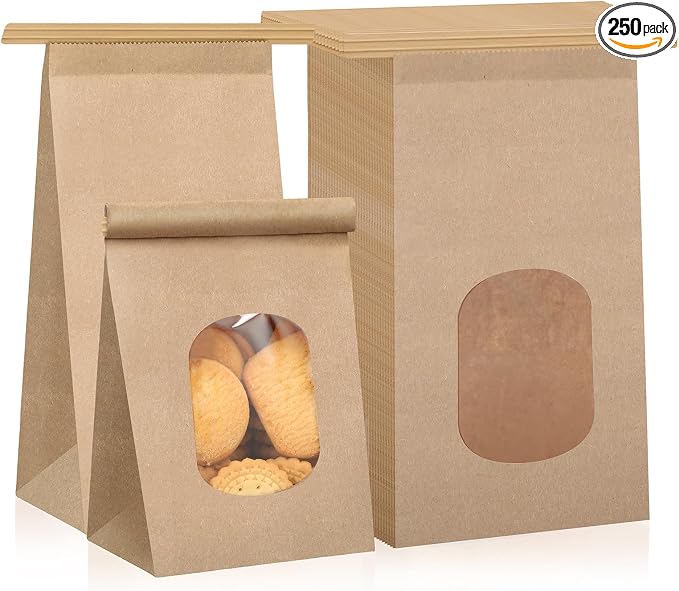 250 Pcs Bakery Bags with Window Small Kraft Paper 3.54 x 2.36 x 6.7 Inch Cookie Treat Tin Tie Tab Lock Brown for Coffee Food Candy Gift Packaging Party by Mimorou
