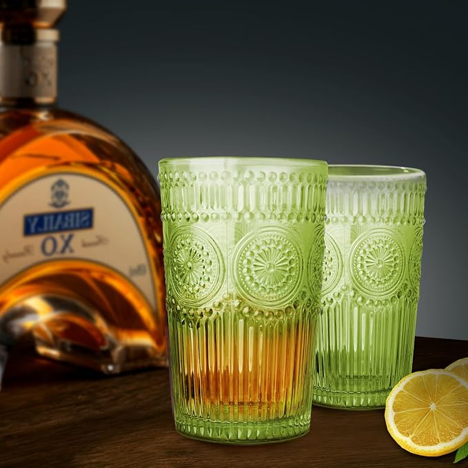 Loivttvv 6pcs Vintage Drinking Glasses Set, 12 oz Green Highball Glasses, Embossed Ribbed Glassware Cups for Cocktail, Water, Juice, Coffee, Whiskey - Image 5