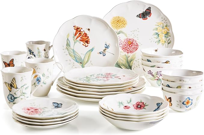 Lenox Dinnerware Set, Butterfly Meadow 28-Piece Set, Service For 4, Porcelain Plates With Scalloped Edges, Plates And Bowls Sets, Microwave Safe, Dishwasher Safe, Home & Kitchen (28 Piece, Assorted) by Lenox