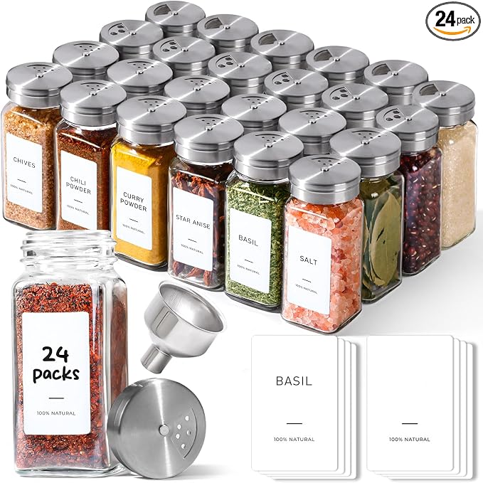 ComSaf Glass Spice Jars with Shaker Lids 4 oz 24 Pack Small Square Bulk Set | Labels, Seasoning Herbs Powders, Salt Pepper Chili, Spice Rack Organization, Kitchen Cabinet Storage, Funnel Included by ComSaf