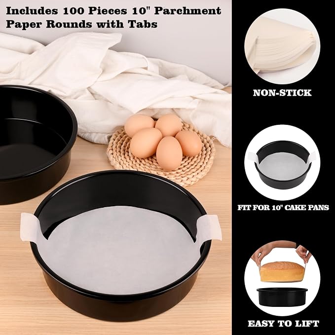 HUAKENER 10 Inch Cake Pan,2Pcs Round Cake Pan with Parchment Paper | Carbon Steel Cake Baking Pans with 70 Pieces Parchment Paper, Non-stick Cake Baking Pans, Dishwasher Safe - Image 4