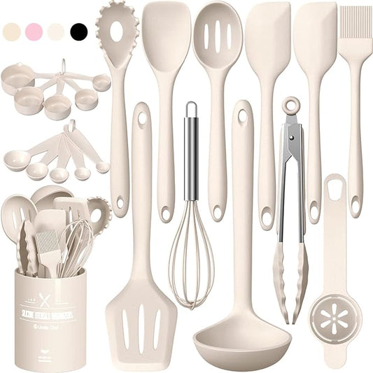Umite Chef 22-Piece Silicone Cooking Utensils Set，Heat Resistant & Dishwasher Safe Kitchen Tools, Black Non-Scratch Spatula Set for Nonstick Cookware (Khaki) by UmiteChef