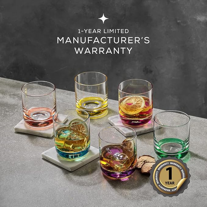 JoyJolt Hue Colorful Whiskey Set of 6, 10oz Drink Glasses, Double Old Fashioned Glass, Modern Whiskey Glass Set for Bar, Low Ball Cocktail Tumbler Glasses - Image 3