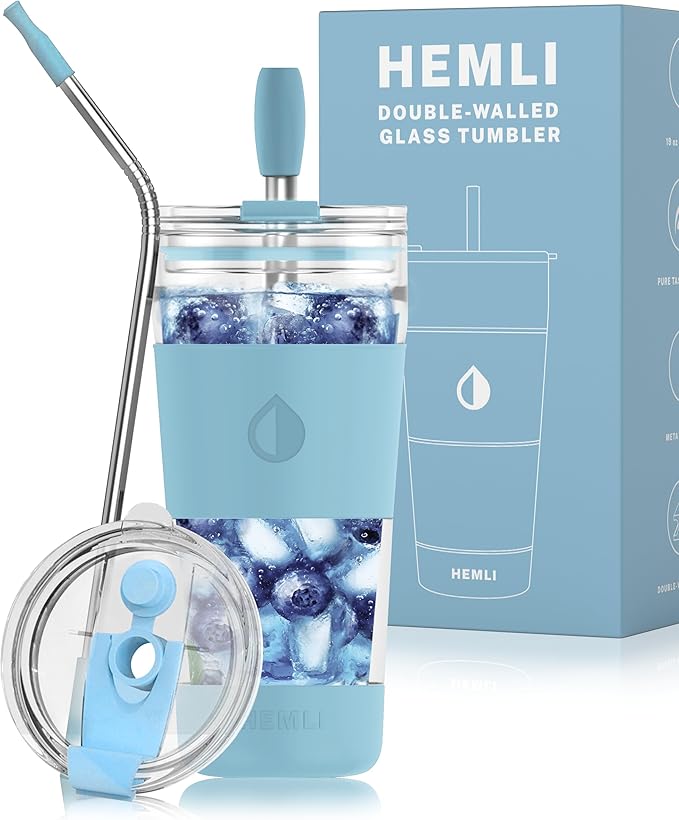 19 oz. Double Wall Glass Coffee Tumbler, To Go Travel Mug with Lid, Portable Glass Thermos with Straw, Reusable Cup, Tea, Smoothies, Ice Coffee, and Boba