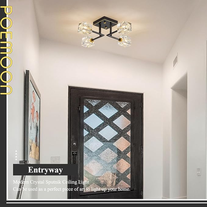 Black Gold Sputnik Chandeliers Industrial 18" Crystal Semi Flush Mount Ceiling Light Fixture 4-Light Modern Chandelier for Hallway Entryway Kitchen Bedroom Dining Room - Image 5