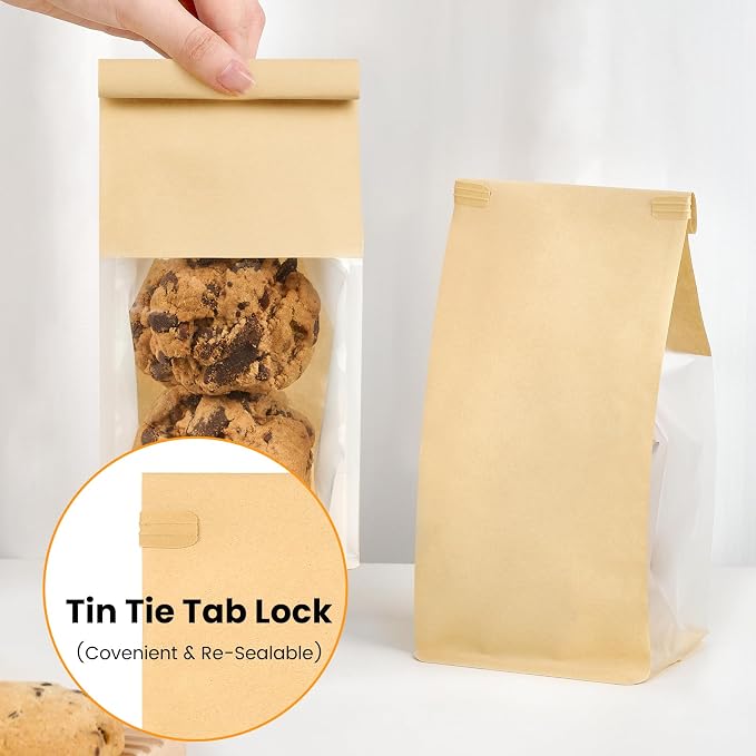 Ocmoiy Small Cookie Bags with Window, 3.9 x 3.5 x 9.5 Inches, 50 Pack | Tin Tie Tab Lock, Bakery Packaging Bag, Resealable Paper Pastry Bags, For Homemade Granola, Popcorn, Candies, Treat - Image 4