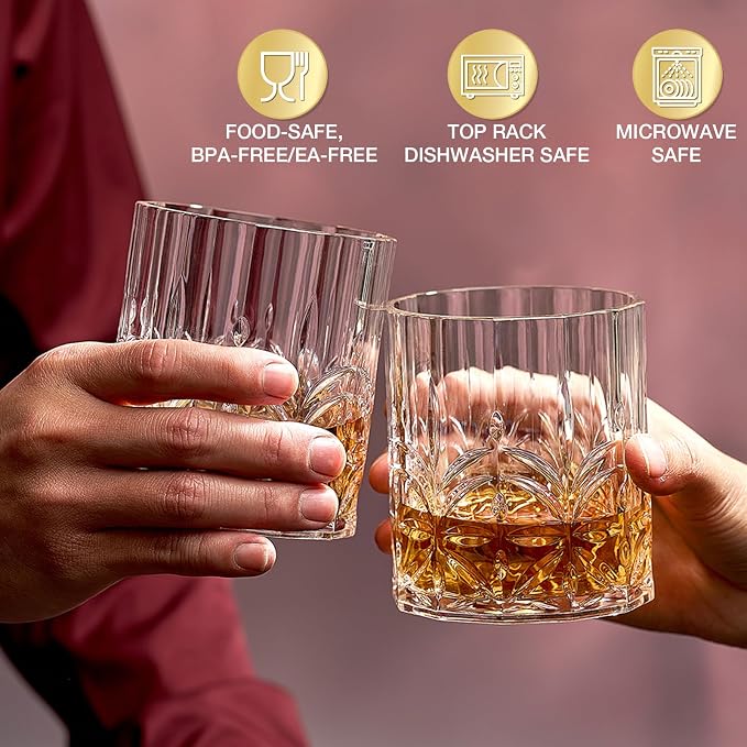 Hlukana Unbreakable Plastic Whiskey Glasses Set of 6, 14 Oz Old Fashioned Glasses for Scotch Cocktail Rum Bourbon Vodka Liquor, Unique Gifts for Men, Reusable, Clear, BPA-free, Dishwasher Safe - Image 3