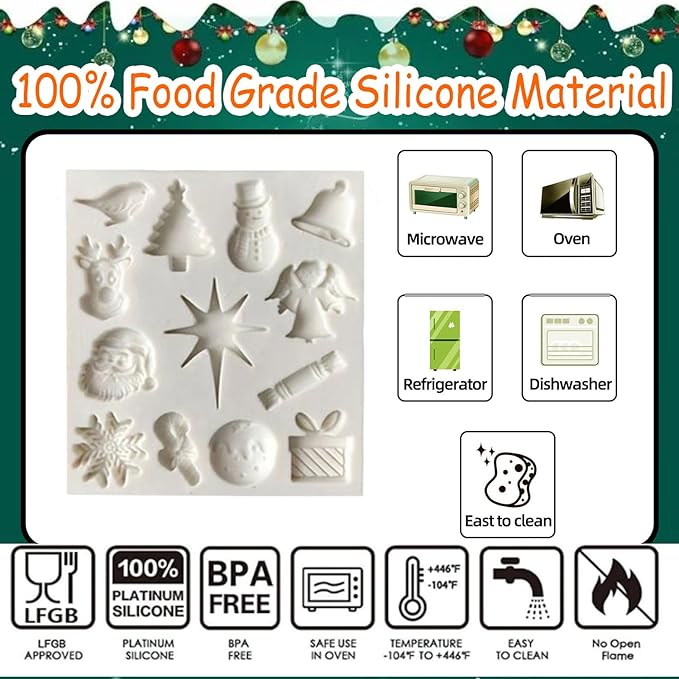 1 Pcs Christmas Chocolate Molds Silicone with Santa Claus Christmas Tree Bell Snowflake Elk Xmas Gift Design Silicone Molds for Baking Soap Candles Candy Ice Cube Jelly Handmade Chocolate Molds