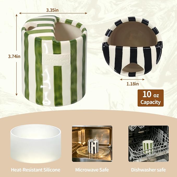 2-Pack 10 oz Ceramic Coffee Mug with Sip Hole & Silicone Sleeve | Cute Hand-Painted Striped Porcelain, Gift for Coffee Lover, Cold & Hot Drinks, Microwave & Dishwasher Safe, Green, Black - Image 5