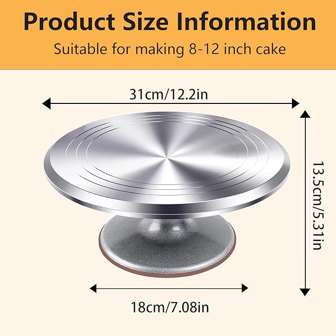 12 Inch Aluminium Alloy Revolving Cake Stand, Cake Turntable with Non-Slipping Silicone Bottom, Rotation Smooth Rotating Cake Stand for Cupcake Pastries and Cake Decorations Supply
