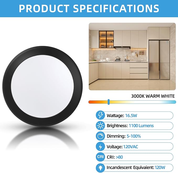 ECOELER 5/6 Inch Dimmable LED Disk Lights, 16.5W Black Flush Mount Disc Downlight, 1100lm 3000K Warm White, Low Profile Surface Mount Ceiling Light for J-Box or Recessed Can, ETL-Listed, 6 Pack - Image 3