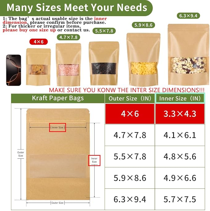 Kraft Paper Bags with Transparent Window, Stand Up Pouches Smell Proof Bags | 100 Pcs 4x6 Inch Resealable Bags for Small Business, Zipper. Food Storage, for Packaging Snacks Cookies Candy - Image 3