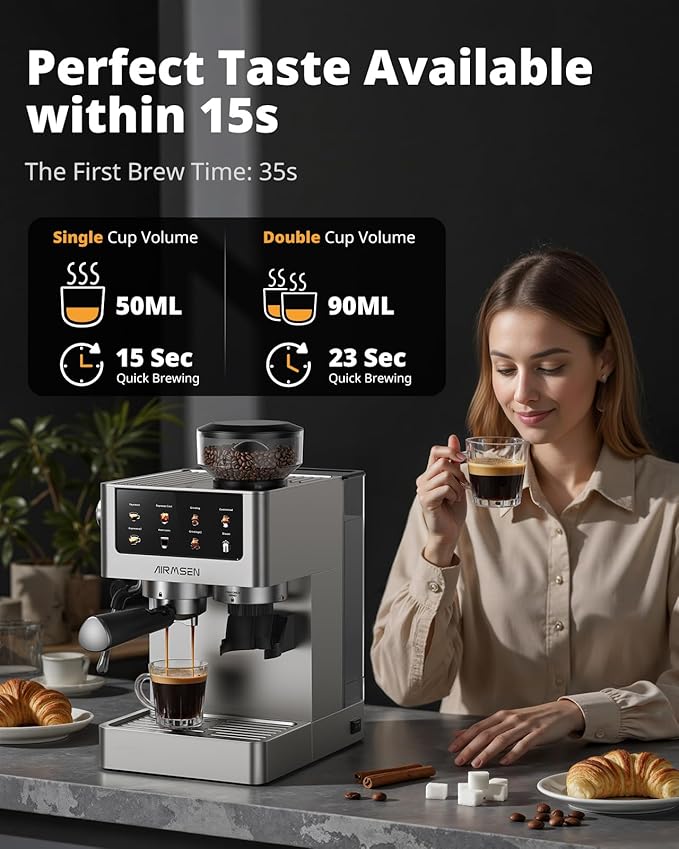 AIRMSEN Espresso Machines with Burr Grinder, 20 Bar, Milk Frother Steam Wand, Stainless Steel Coffee Maker for Home - Cappuccino Latte & ​​Cold Brew​​ Iced Coffee Maker & Americano - Image 7