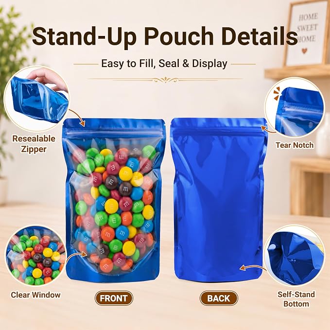 ANZNKU 100PCS Mylar Bags Resealable Small Smell Proof Bags(Blue, 6.3x9.5) | Stand Up Foil Pouches Clear Window, Sealable Bags for Small Business Packaging Snack Party Favors Candy Treats Food Storage - Image 4