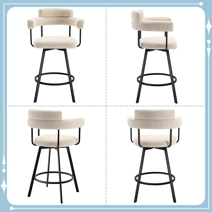 Flouki Swivel Bar Stools with Backs and Arms, Modern Bar Stools Set of 4 for Kitchen Island, 26" Upholstered Linen Counter Height Bar Stools for Kitchen Counter, Dining Room, Beige - Image 8