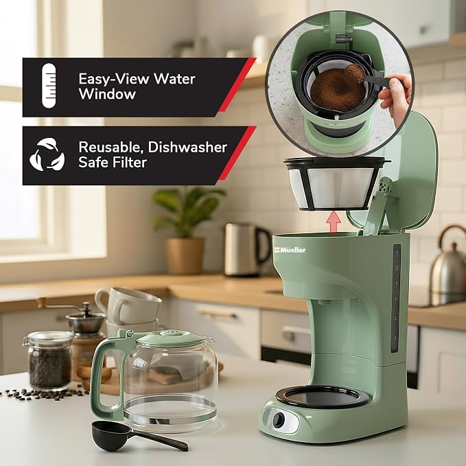 MUELLER HOME 12-Cup Drip Coffee Maker, Green, Borosilicate Carafe | Auto-Off, Reusable Filter, Anti-Drip, Keep-Warm Function, Clear Water Level Window - Image 5