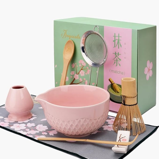 Joyscale Matcha Whisk Set, Matcha Set Whisk And Bowl, 8 Pcs Matcha Kit Set(Texture Design), 16 OZ, Japanese Matcha Tea Set, Matcha Making Kit Gifts for Tea Lovers(Pink)