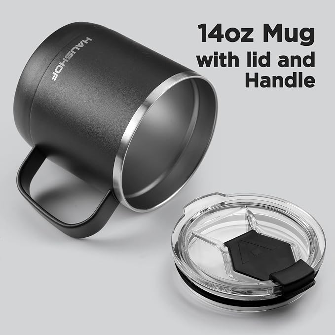 HAUSHOF 14 oz Coffee Mug, Insulated Coffee Mug with Handle, Travel Camping Cup, Portable Stainless Steel Coffee Cup, Insulated Coffee Cups with Lid, Black - Image 4