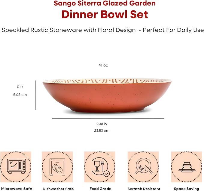 Sango 4-Piece Speckled Stoneware Pasta Bowl Set- Wide Shallow Dinner Bowls with Hand-Painted Rustic Design, Farmhouse Glossy Large Ceramic Bowls for Pasta, Salad & Everyday Meal, Siterra Glazed Garden - Image 2