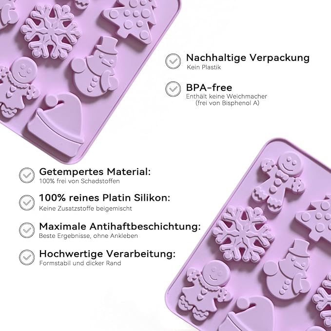 2 Piece Christmas Chocolate Silicone Molds, Xmas Tree Hat Snowflake and Gingerbread man Shape 3D Chocolate 24-Cavities Candy Moulds for Christmas Day, Holiday Theme Candy Pudding Jelly Making