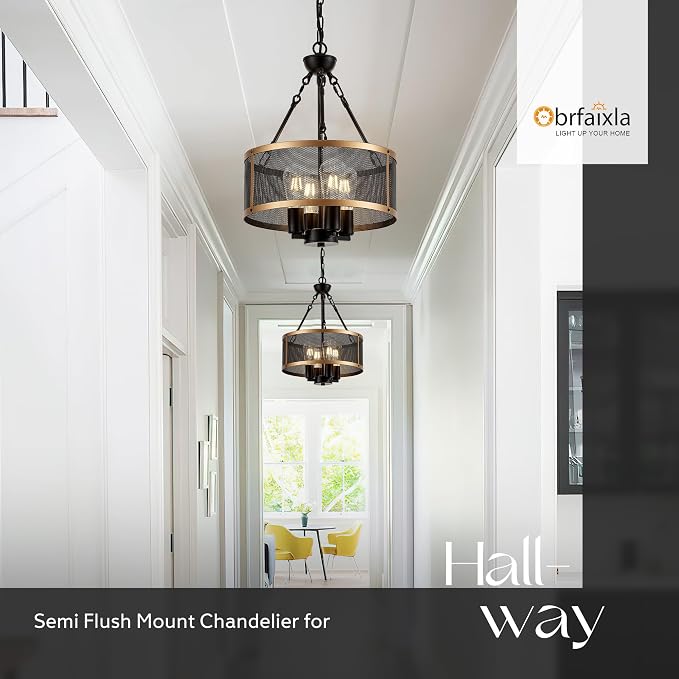 Modern 14" Small Black Gold Mesh Drum Chandelier for Dining Room Industrial Retro Semi Flush Mount 4-Light Round Ceiling Light Fixture for Kitchen Bedroom Living Room Hallway Entryway Foyer - Image 8