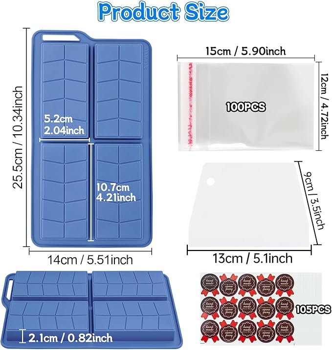 Chocolate Bar Molds Silicone Non Stick 0.82inch Deep,2 Pack Thick Dubai Shapes Chocolate Stuffed Bar Mold Kit for Filling Knafeh Candy with 100pcs Bags and 104pcs Stickers