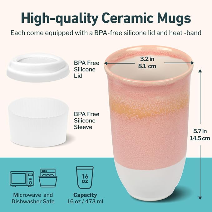 NOVA CERAMICS Travel Mug On the Go Coffee Mug Microwave & Dishwasher Safe Green Tumbler - Gifts For Women Men 16oz Afterglow - Image 3