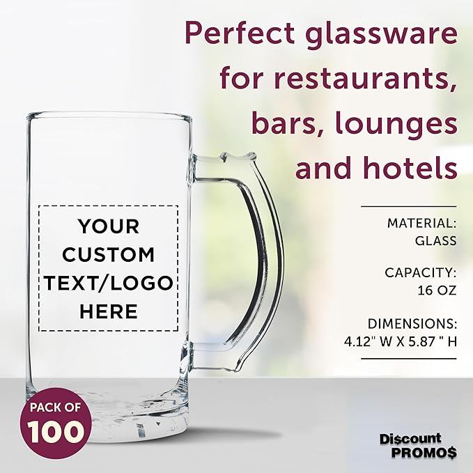 DISCOUNT PROMOS Custom Glass Beer Mug 16 oz. Set of 100, Personalized Bulk Pack - Great for Wedding Favors, Groomsmen Gifts, Birthday Gifts - Clear Bottom Color