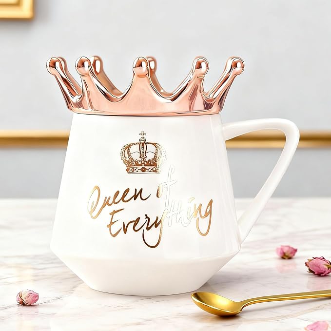 Arawat Queen of Everything Mug with Lid Sweet White Mug with Crown Coffee Mugs Gift with Spoon & Coaster 12 oz Ceramic Cup Birthday Gift for Women Mom Girlfriend Valentine's Day Gifts for Women - Image 2