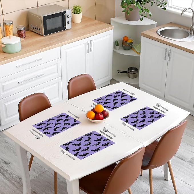 Feelyou Happy Halloween Placemats Set of 4 Bats Pattern Table Mats for Party Kitchen Dining Decoration Holiday Seasonal Light Purple Black Place Mat for Dinner Table Indoor Outdoor 18"x12" Non-Slip - Image 3