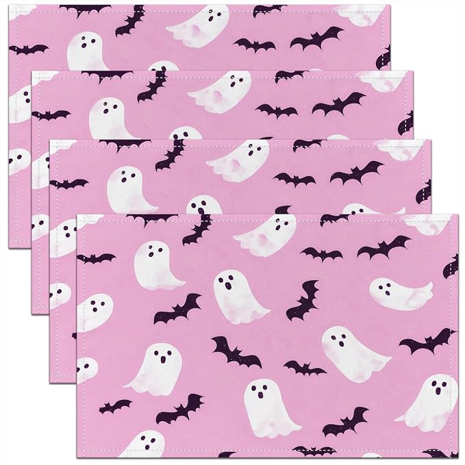 Feelyou Happy Halloween Placemats Set of 4 Cute Ghost Table Mats for Party Kitchen Dining Decoration Holiday Seasonal Pink White Place Mat for Dinner Table Indoor Outdoor 18"x12" Bats Pattern Decor by Feelyou