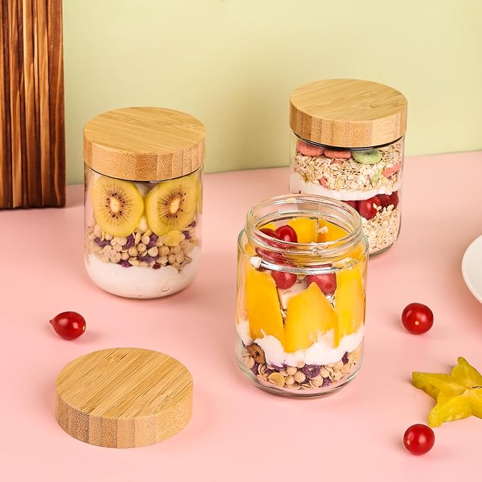 6 Pack 16oz Glass Overnight Oats Jars - Airtight Containers with Bamboo Lids, Wide Mouth Mason Jars for Salad, Yogurt, Snacks & Food Storage - Image 4