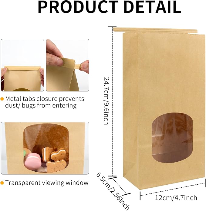 30-Piece Kraft Paper Bags with Window - 4.5 x 2.56 x 9.6 Inch, Tin Tie Tab Lock Bags for Food Storage - Image 2