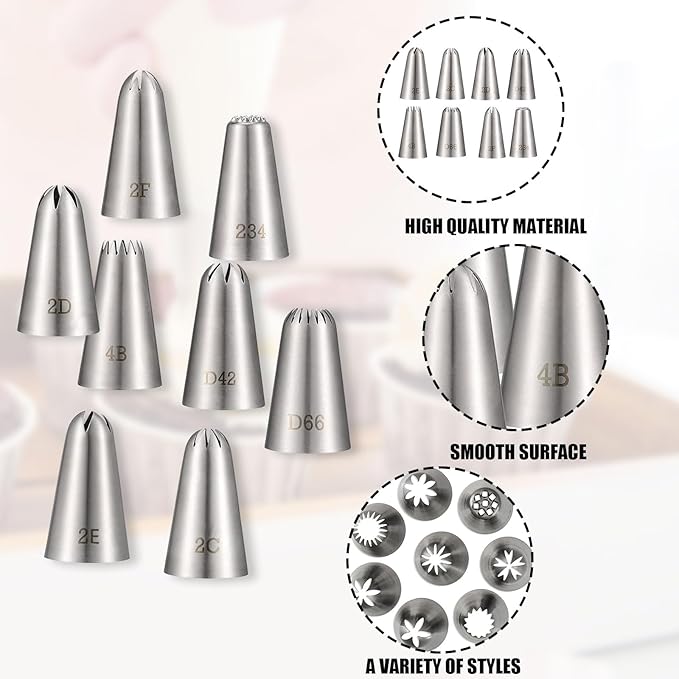 Piping Tips, 8 Pcs Stainless Steel Icing Piping Nozzles Cake Decorating Tips Baking Tool for Cream Cupcake Cookie
