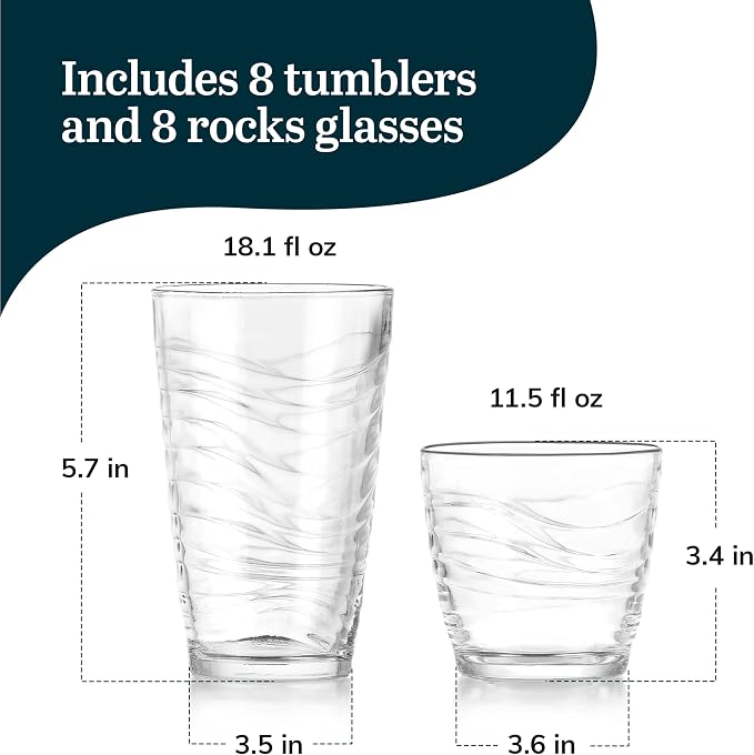 Libbey Orbita Rocks and Tumbler Drinking Glasses Set of 16, Durable Glass Cups Set with Wave Pattern, Glassware Drinking Glasses for Any Occasion - Image 3