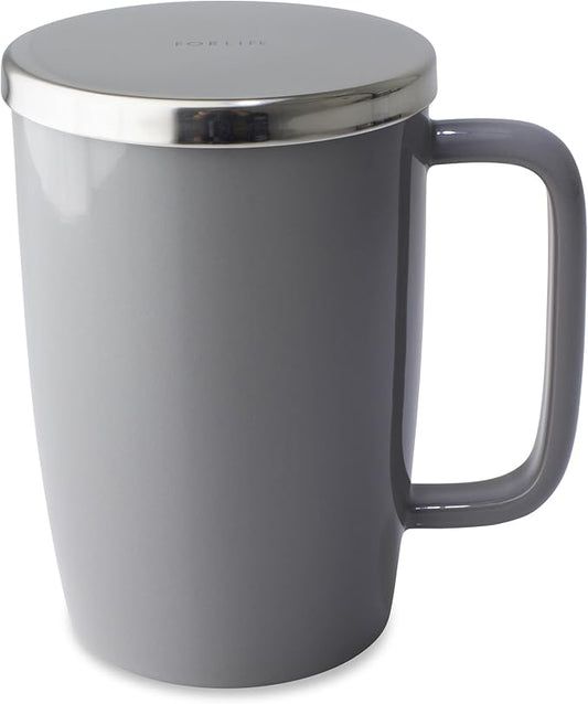 FORLIFE Dew Glossy Finish Brew-In-Mug with Basket Infuser & "Mirror" Stainless Lid 18 oz., Gray