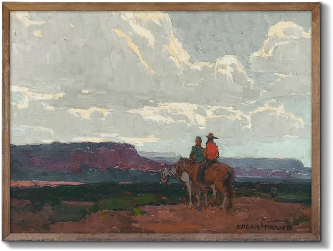 XOCUUI Western Cowboy Unframed Canvas Wall Art Vintage Print Oil Paintings, Horse Rider At Sunset Print Rustic Mountain Landscape Painting, Mid Century Antique Moody Retro Artwork Wall DéCor(8"X10") by XOCUUI