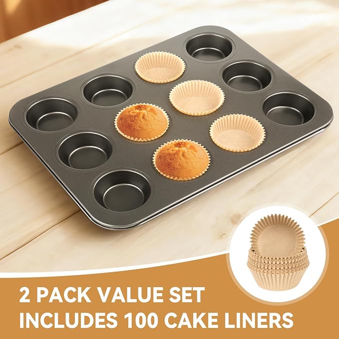 Artcochan 2 Pack Muffin Pan with 100 Cupcake Liners, 12 Cup Nonstick Cupcake Pan for Baking, Carbon Steel Baking Supplies Muffin Tin - Image 2