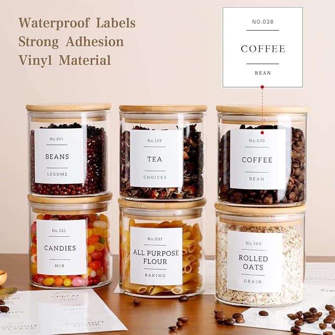 20 OZ Glass Food Storage Jars with 132 Pantry Labels Preprinted - 6 Pcs Thicken Glass Storage Containers with Airtight Bamboo Lid - Clear Kitchen Canister for Spice, Tea, Coffee, Sugar, Cookie, Candy - Image 3