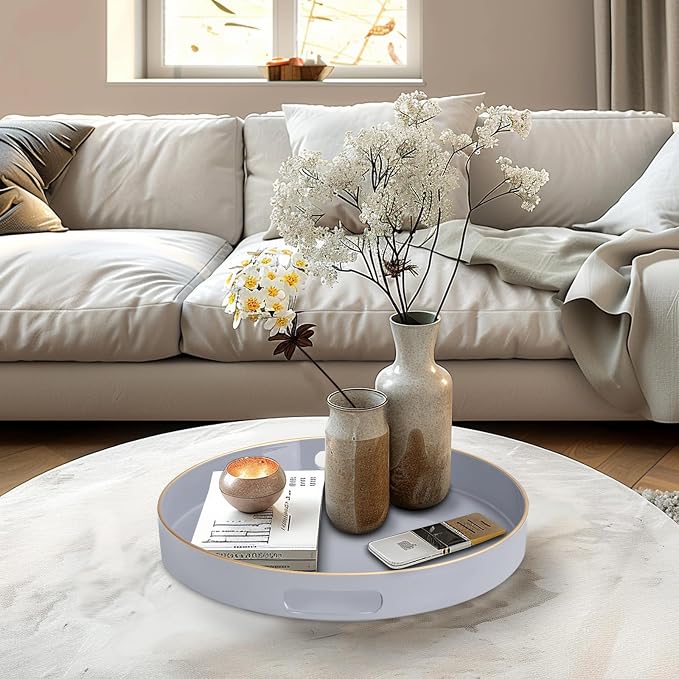 MAONAME 13" Gray Decorative Tray, Plastic Round Serving Tray with Handles | Grey Decorative Tray for Coffee Table, Modern Ottoman Tray, Circle Tea Tray, Round Melamine Tray for Living Room, Bathroom - Image 6