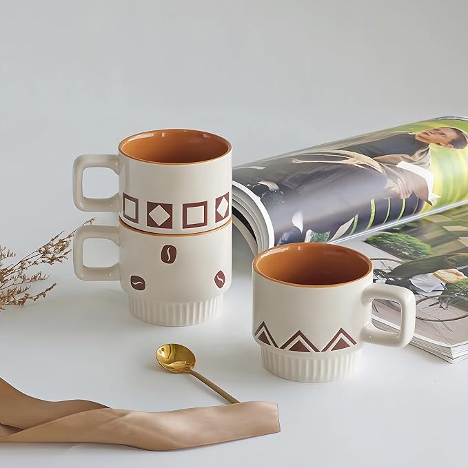 Stackable Coffee Mug Sets of 4 with Rack Tea Cup Set with Spoon 11oz for Coffee, Tea, Cocoa, Cappuccino, Hot Chocolate Ceramic Espresso Cups with Coffee Cup Holder, theme of Geometric - Image 6