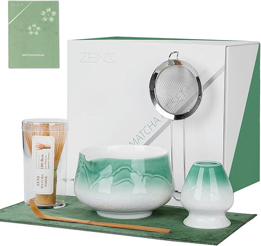ZENS Matcha Whisk Set, 6Pcs Matcha Set Includes Ceramic Bowl, Bamboo Whisk and Chasen Holder,Scoop, 304 Stainless Sifter & Tea Mat, Matcha Kit for Tea Ceremony, Blue