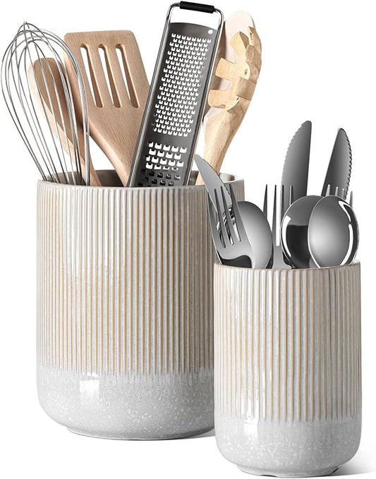 LE TAUCI Utensil Holder for Kitchen Counter, 7.3"+5.4" Fluted Ceramic Utensil Crock Organizer for Countertop, Heavy Large Holder for Spatulas, Spoons, Set of 2, Gray Marble by LETAUCI