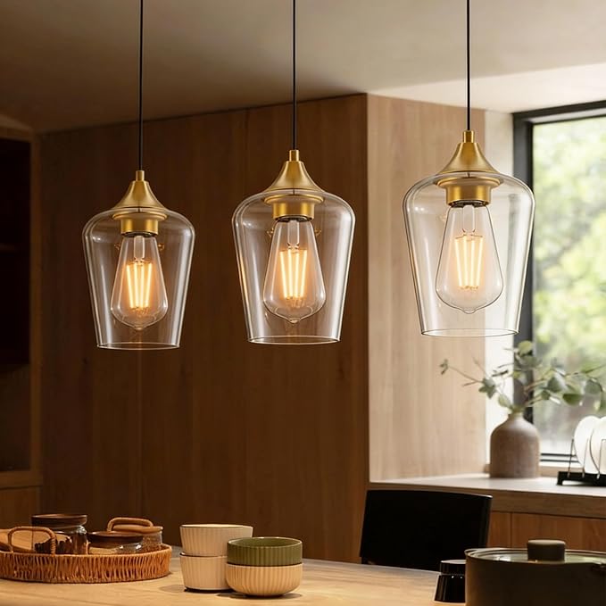 Ralbay Farmhouse Brushed Gold Pendant Light 3-Pack, Pendant Light Fixtures with Wine Clear Glass Shade, Kitchen Island Lighting for Dining Room, Rustic Adjustable Hanging Lighting Fixture - Image 7