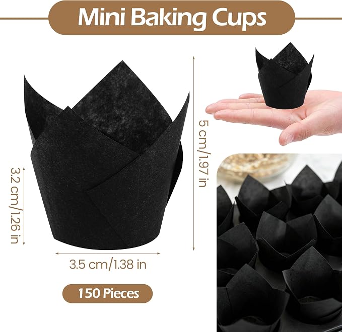 150 Pcs Mini Cupcake Liners Muffin Liners Baking Cups | Tulip Cupcake Liner for Baking Wedding, Birthday, Baby Shower Parties, Black - Image 2
